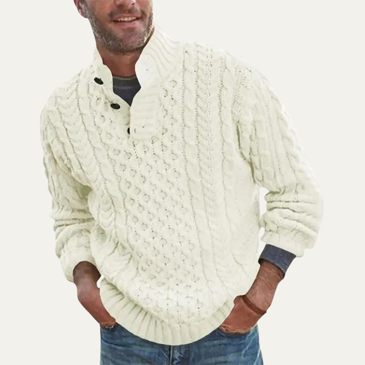Men's Chunky Cable Knit Sweater | Button Neck Collar 6