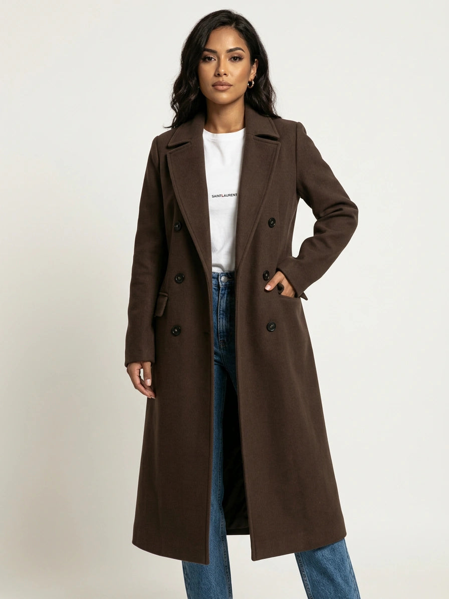 Women's Long Double-Breasted Coat | Elegant Fit & Buttoned Closure 14