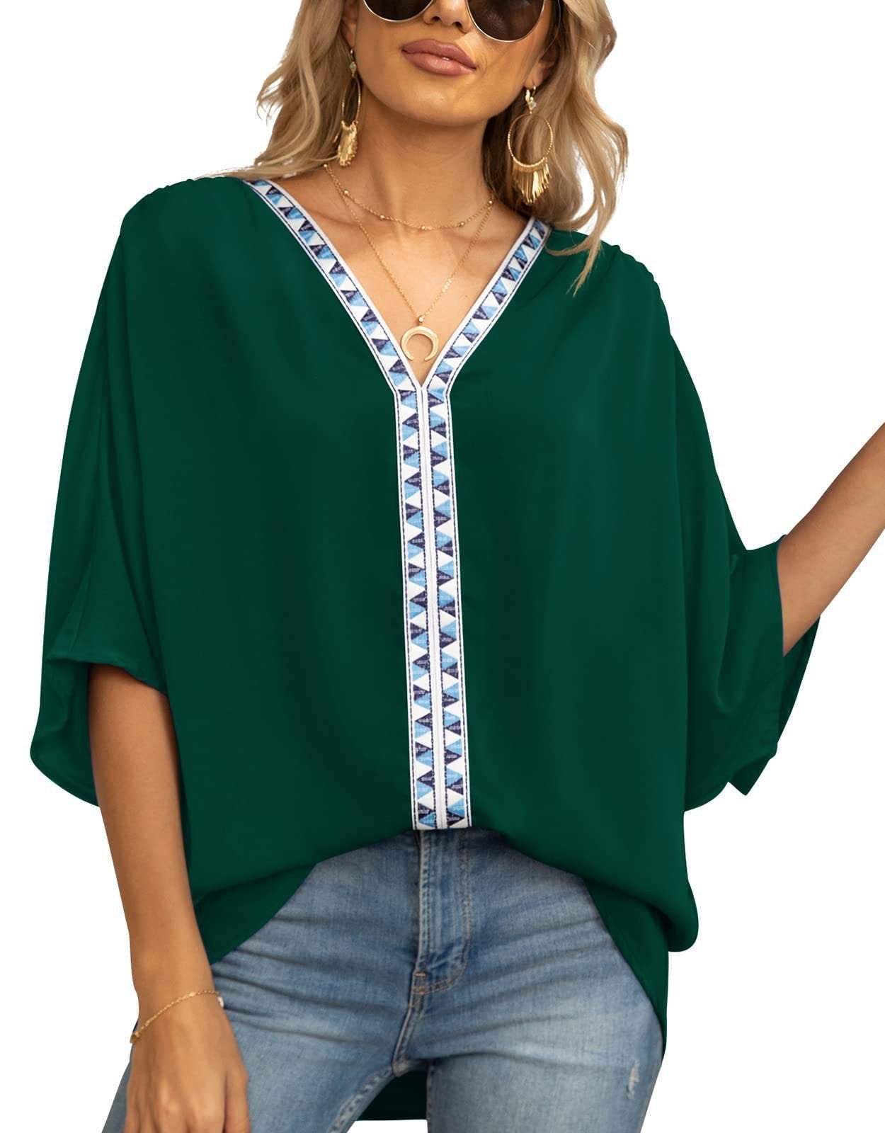 Women's Tunic Top | Geometric Trim V Neck