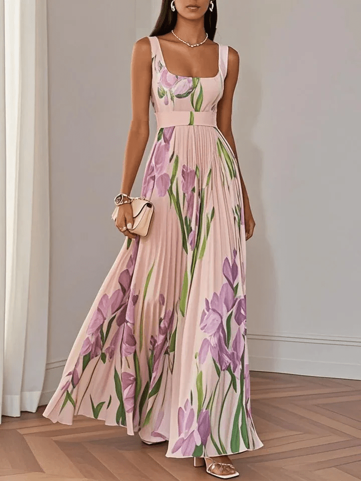 Luna Fashion House | Women's Floral Pleated Chiffon Maxi Dress Square Neck Sleeveless Summer UK 6