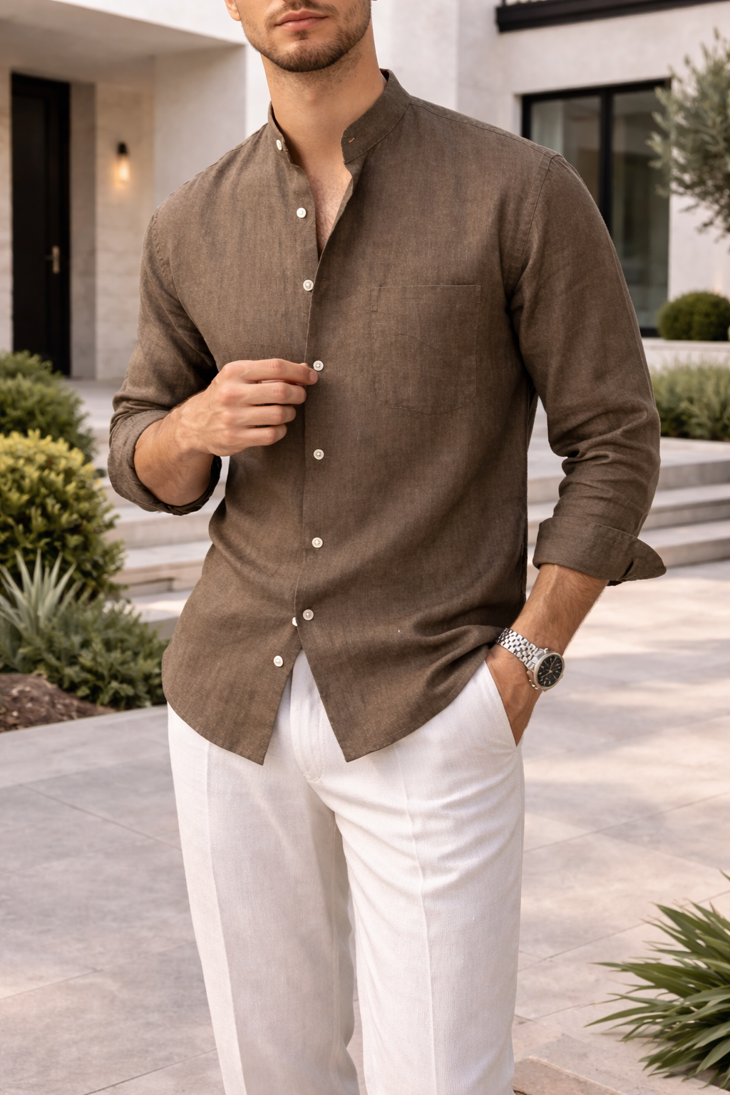 Men’s Grandad Collar Linen Blend Casual Shirt 1