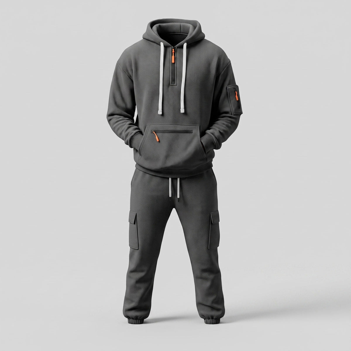 Men's Half-Zip Hooded Tracksuit Set Cargo Pockets Relaxed Fit
