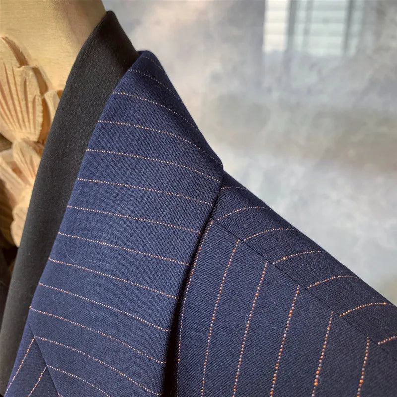 Men's Navy Blue Pinstripe Suit - Stylish Formal Attire for Business & Evening Events