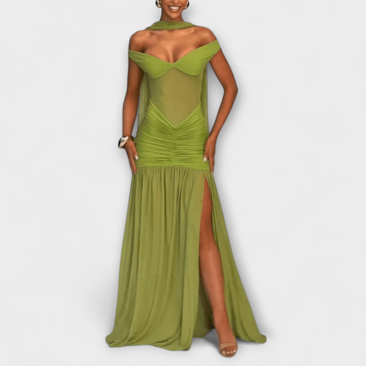 Nicole - Olive Green V-Neck Maxi Dress for Events