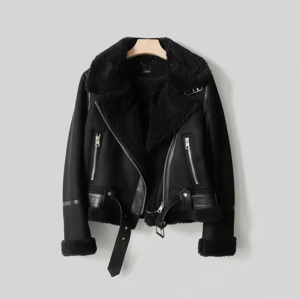Shearling Biker Jacket for Women - Cozy Sherpa Lining & Stylish Belt