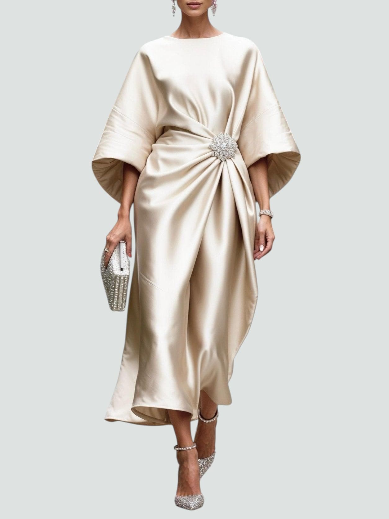 Women Midi Dress | Draped Kimono Sleeves & Jewelled Brooch Waist