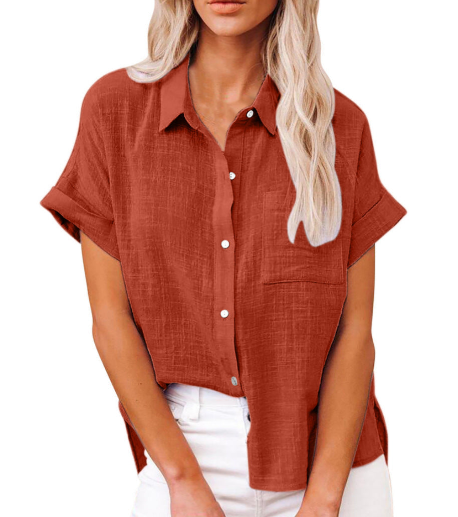Women's Blouse | Short Sleeve Button-Down with Collar & Chest Pocket