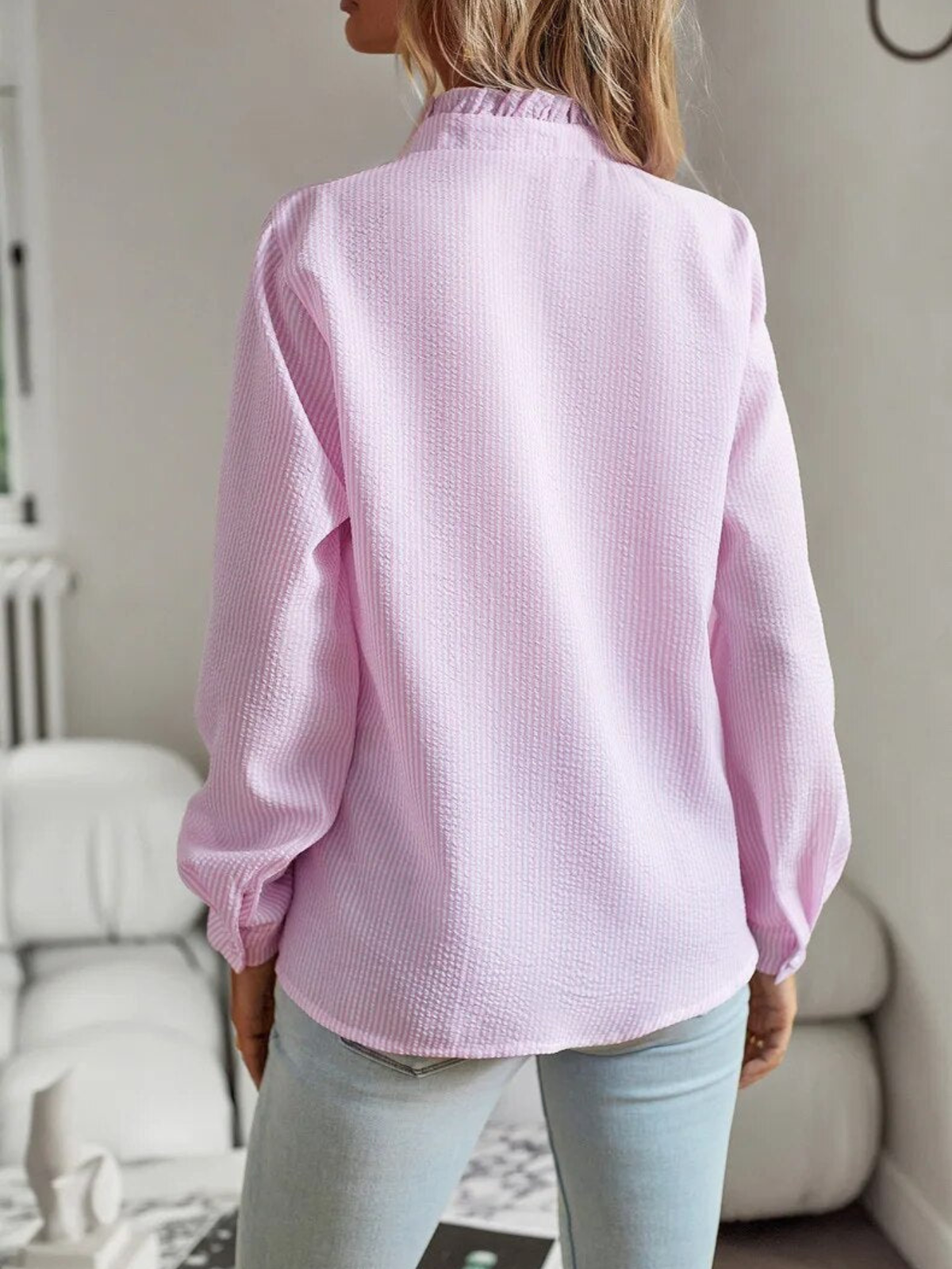 Women's Long Sleeve Blouse | Ruffle Front Button