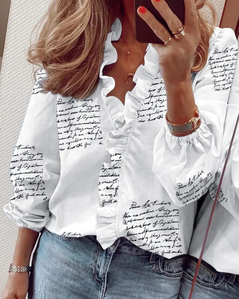 Women's Long Sleeve Blouse | Ruffle Trim & V-Neck