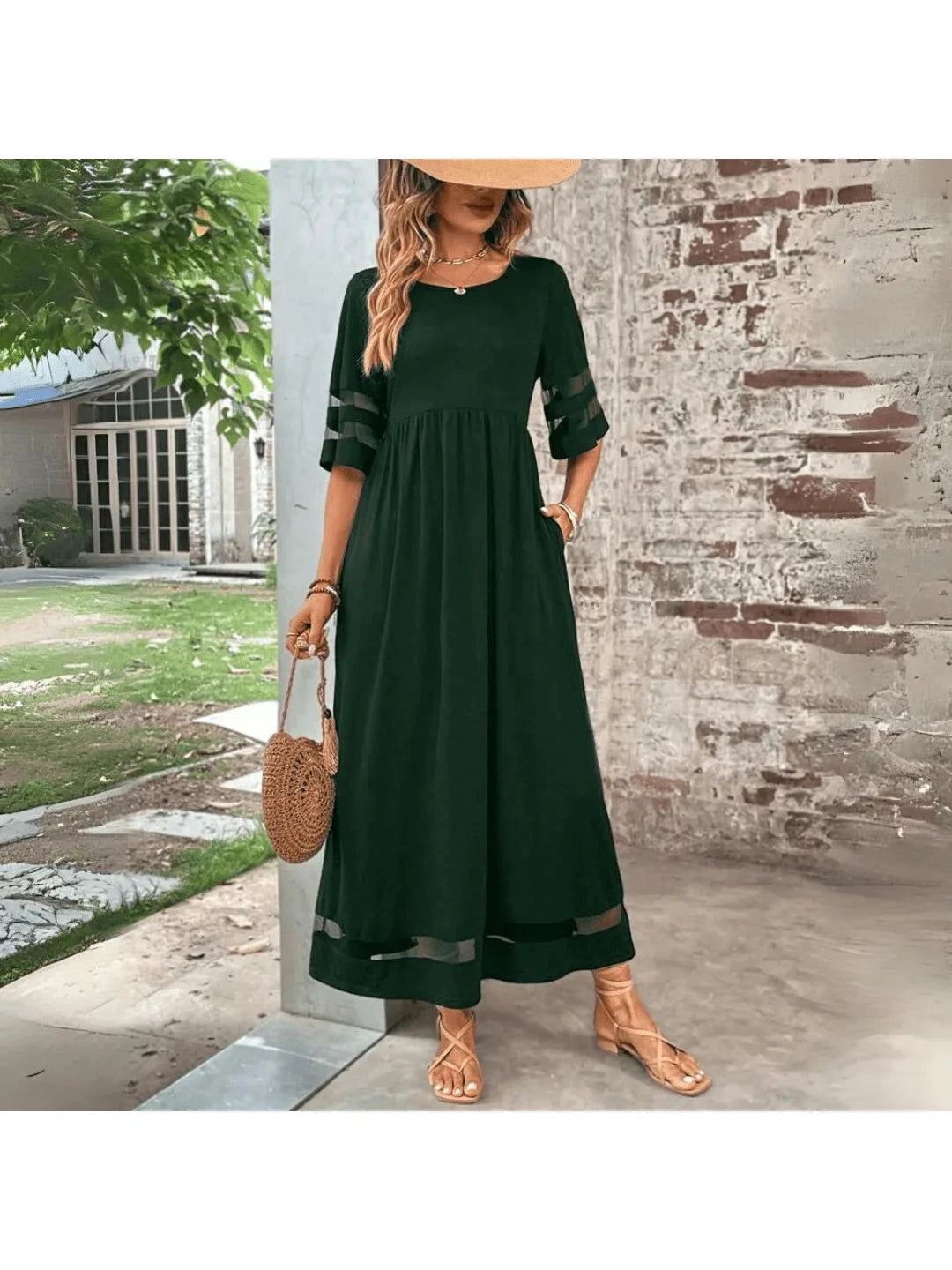Women's Maxi Dress | Empire Waist & Mesh Panel Relaxed Everyday Style