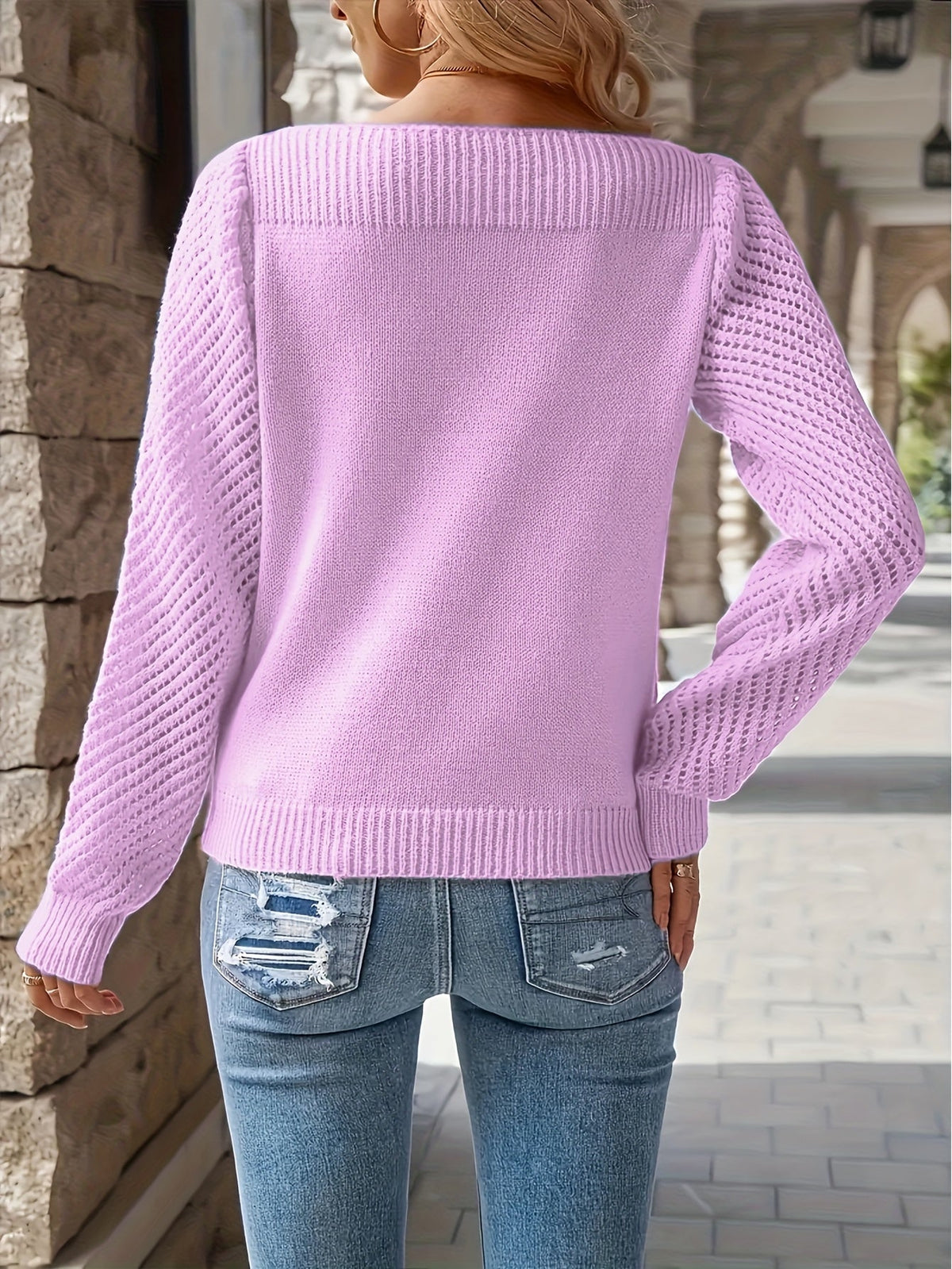 Women's Openwork Sleeve Jumper Crew Neck Knit Jumper