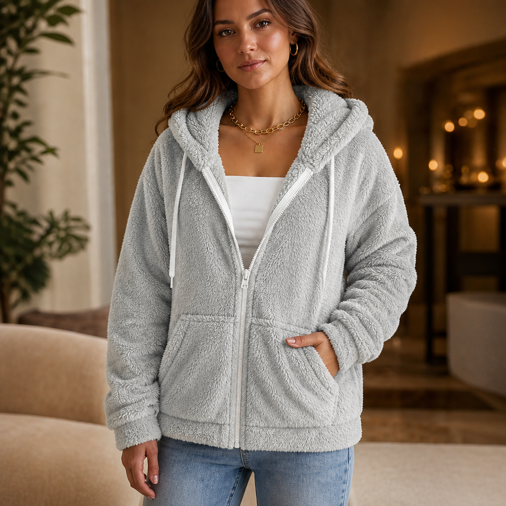 Women's Plush Hooded Zip-Up Jacket | Warm & Lightweight