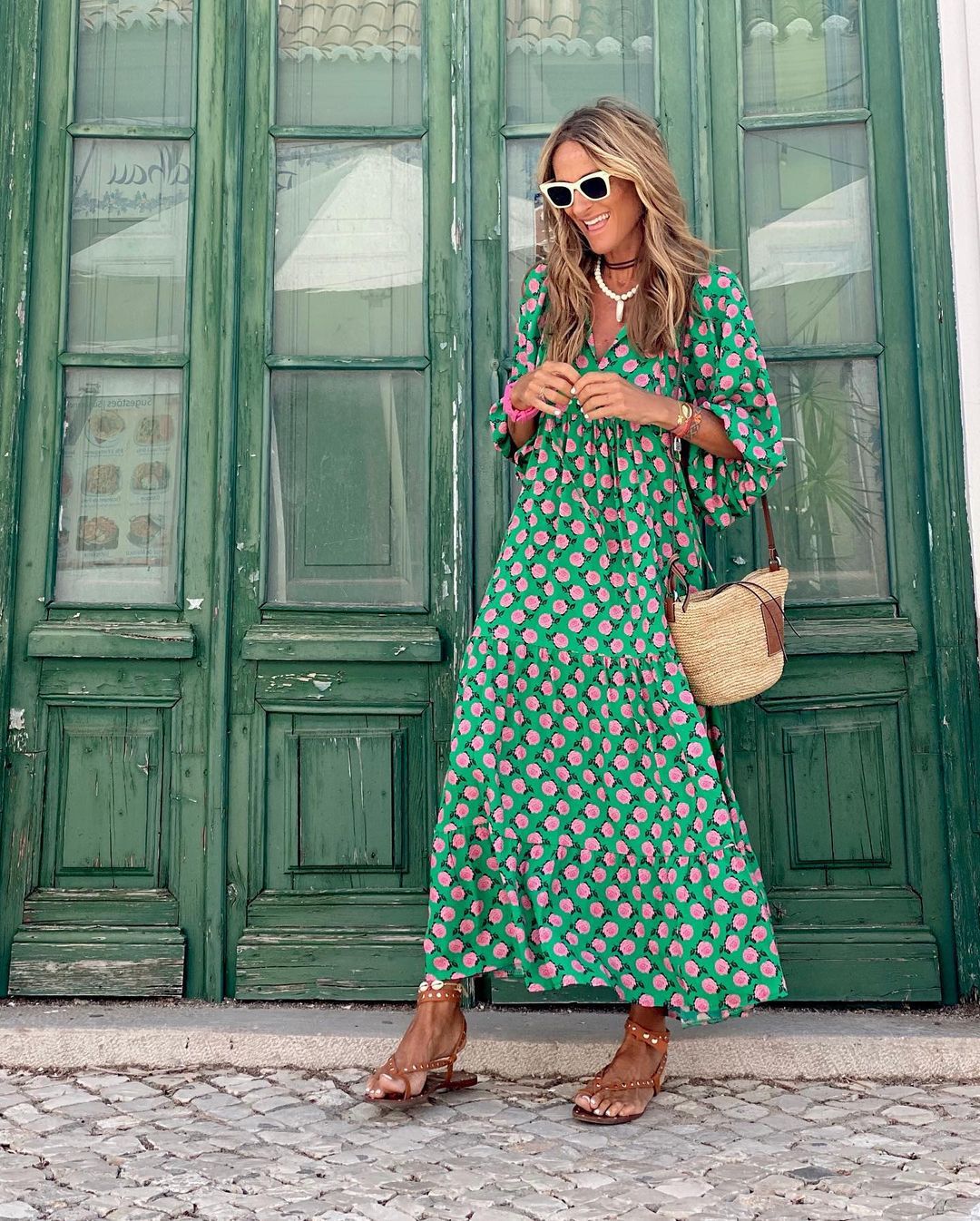 Women's Summer Maxi Dress | Printed V-Neck with Long Sleeves & Hem Slit