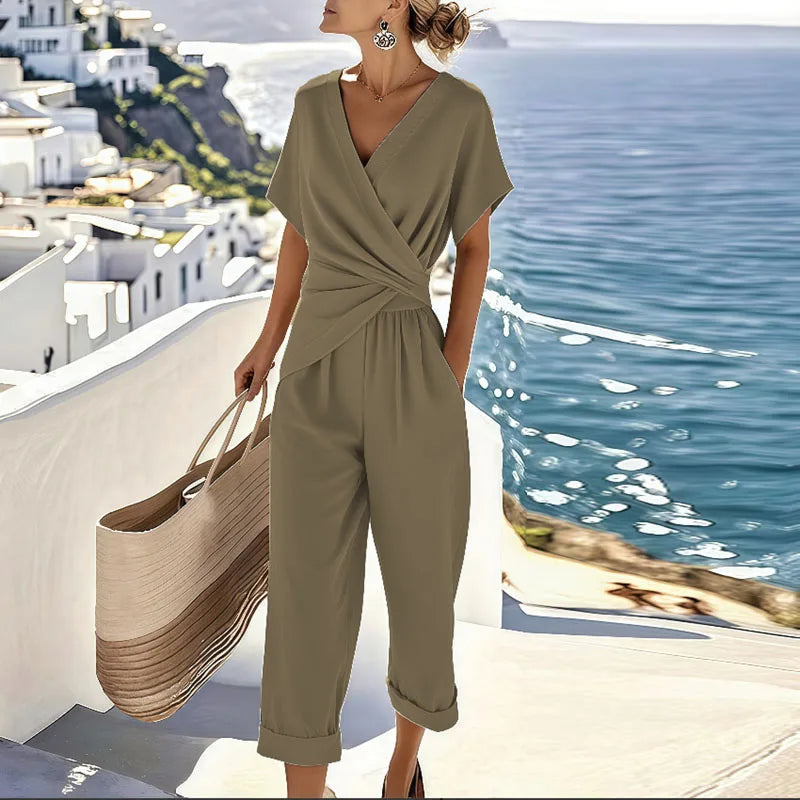 Women's Two Piece Set | Wrap V-Neck Top & Straight-Leg Trousers