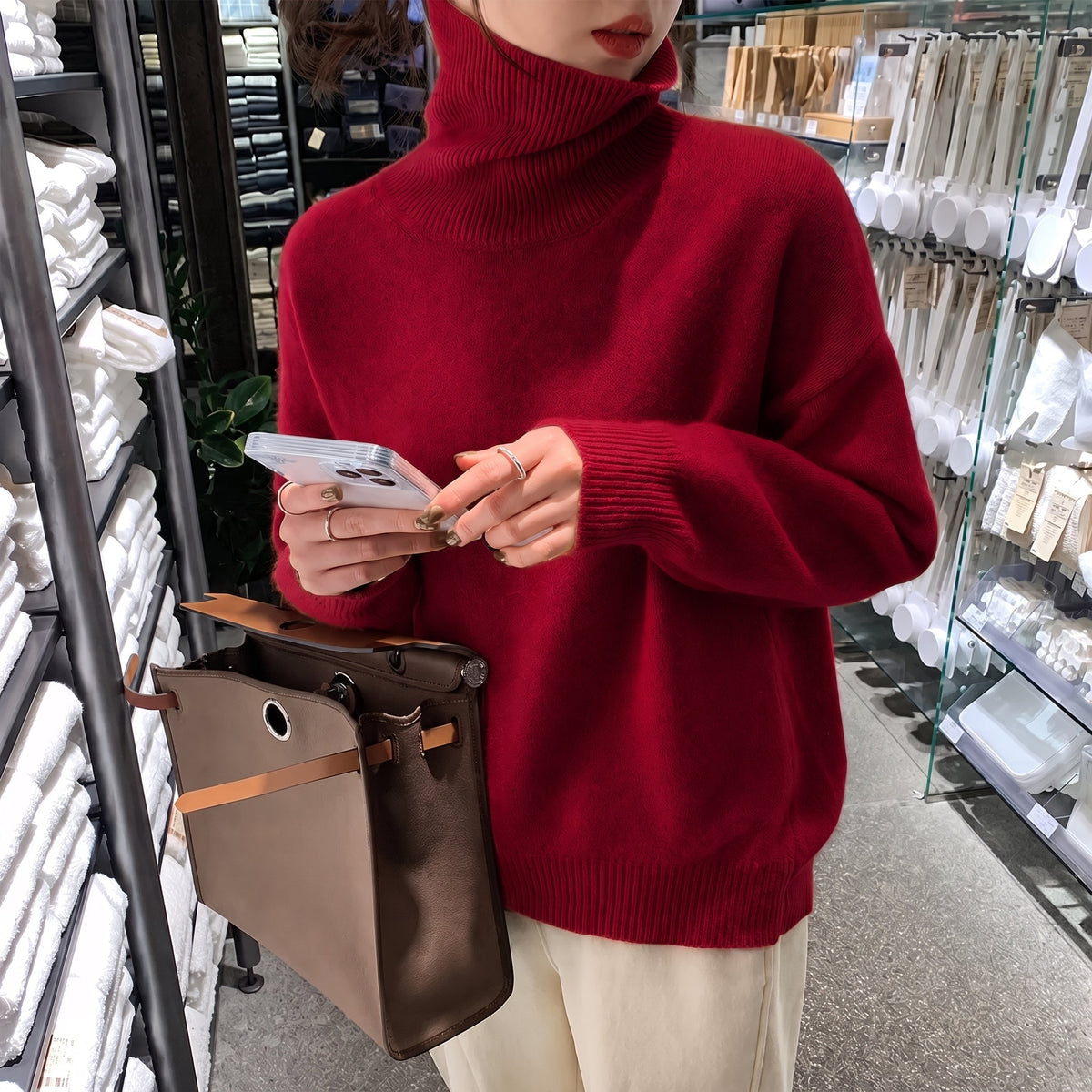 Chloe - Women's Oversized Turtleneck Knit Jumper with Ribbed Cuffs - Sweaters - Red - Davies & Cooper