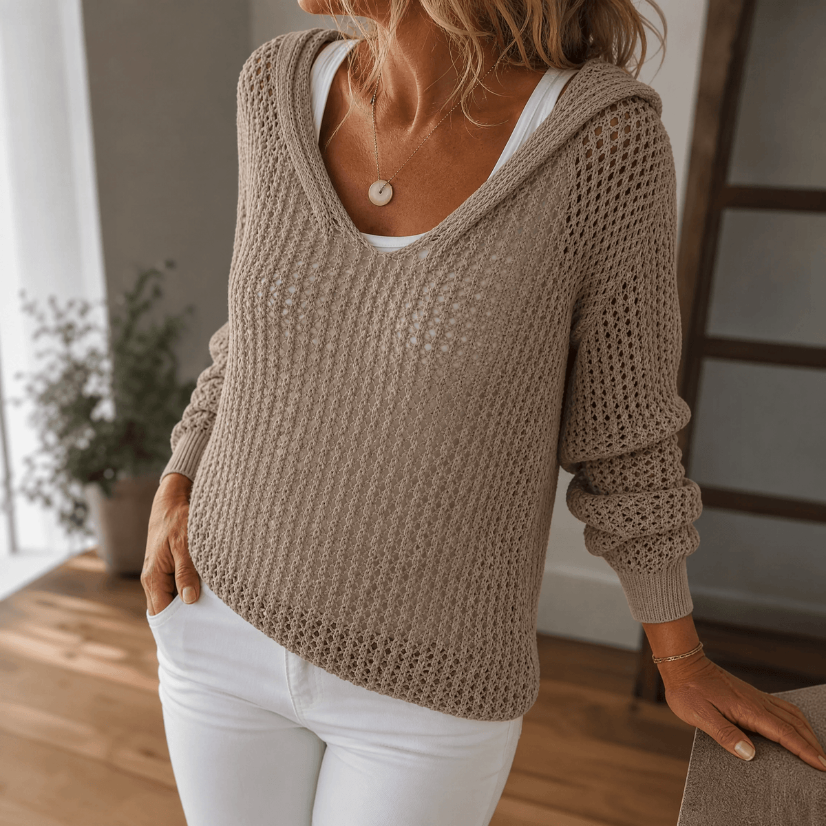 Women's Hooded Knit Pullover | Open-Weave & Relaxed Fit 16