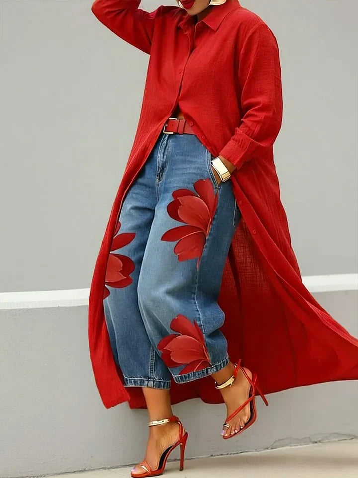 Women's Shirt & Jeans Co-ord Set | Floral Embroidered Design 1