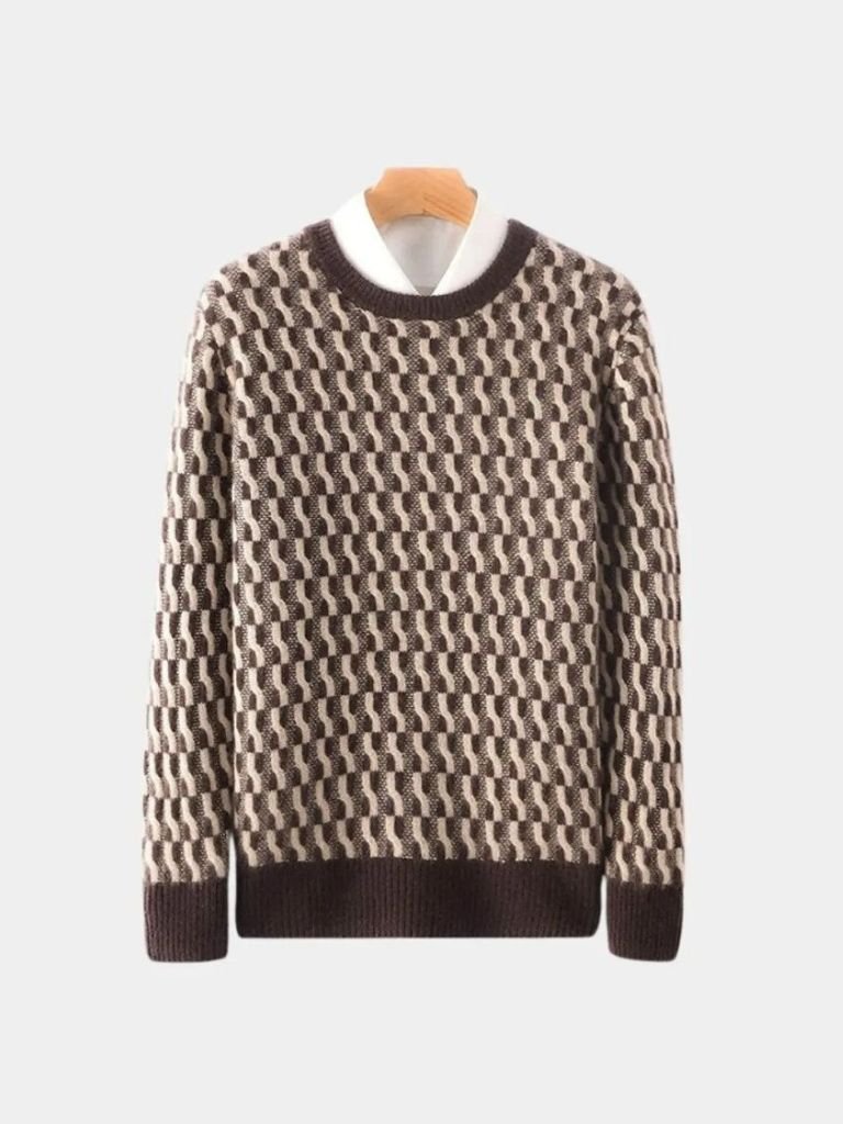 100% Wool Geometric Crew Neck Pullover Sweater - Cross & Crown - Cross & Crown