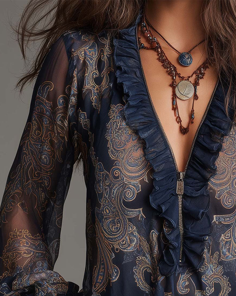 Women's Ruffle Sleeve Blouse | V-Neck & Zip Detail 17