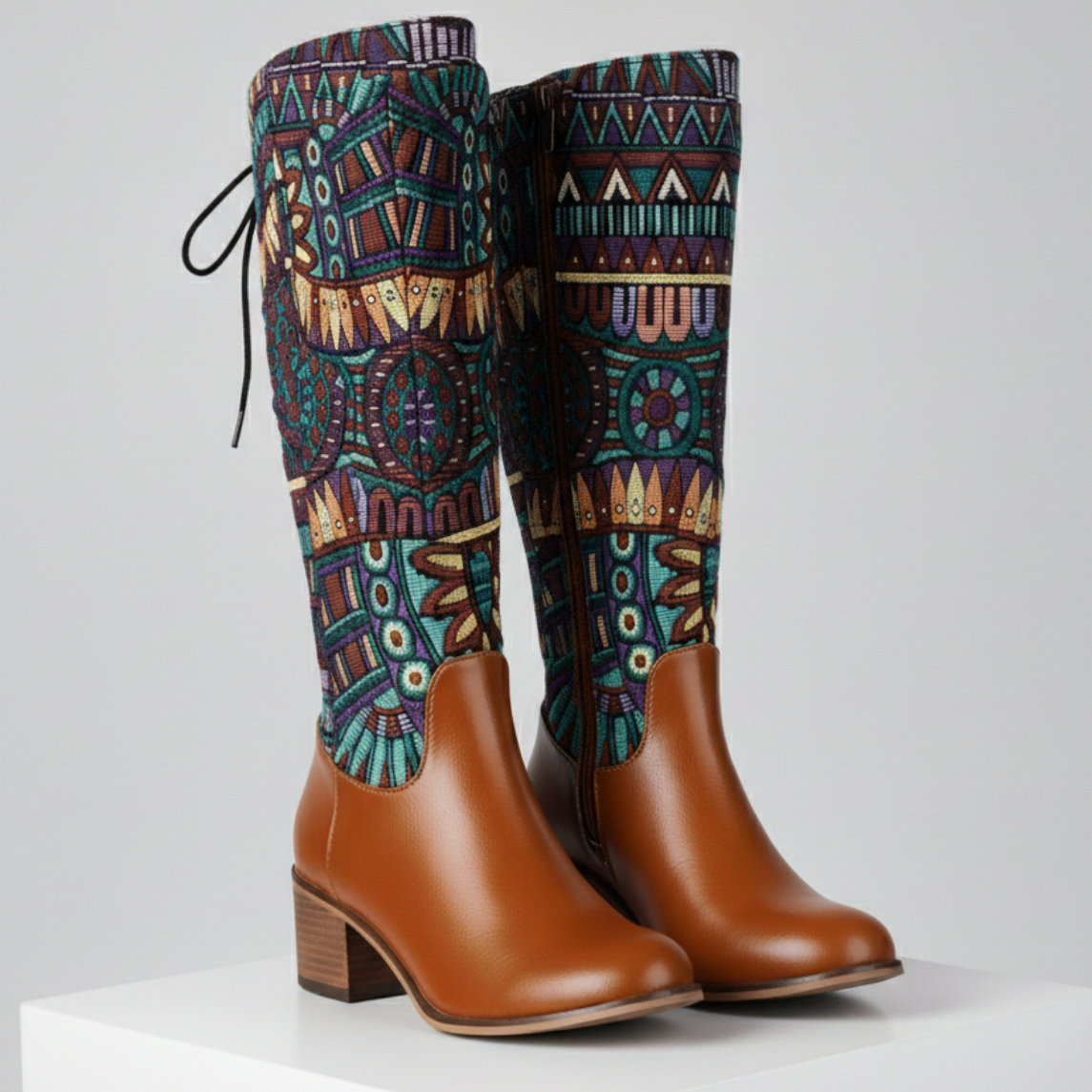 Women's Tapestry Ankle Boots Almond Toe Mid Block Heel 4