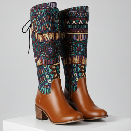 Women's Tapestry Ankle Boots Almond Toe Mid Block Heel 4
