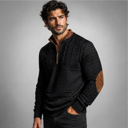 Men's Half Zip Sweater | Patterned Knit with Elbow Patches 2