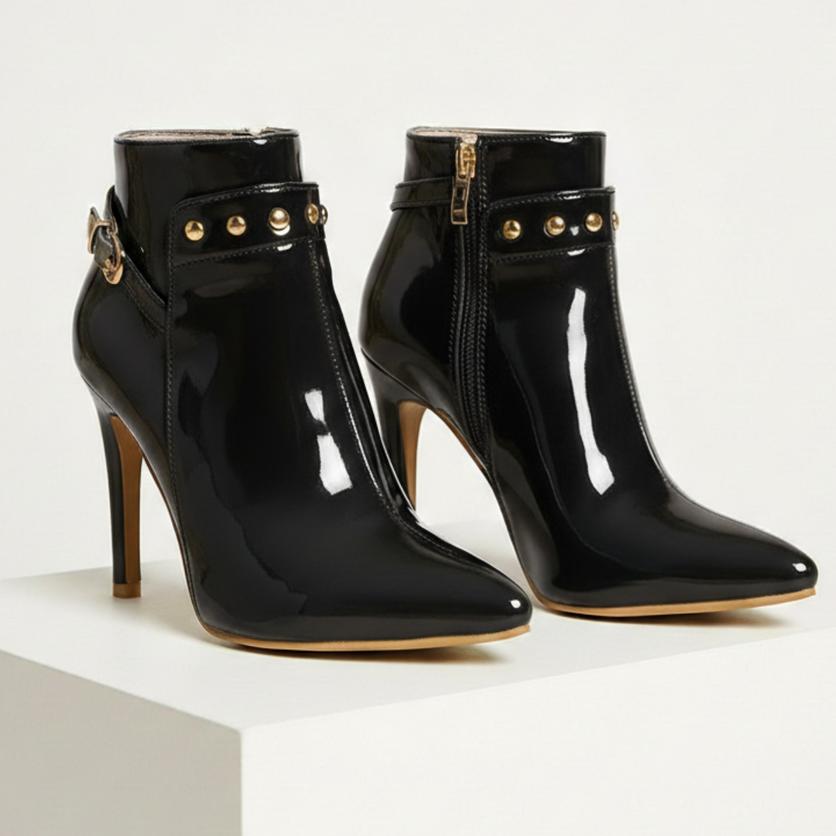 Women's Gloss Stiletto Ankle Boots Studded Side Zip Heels 6
