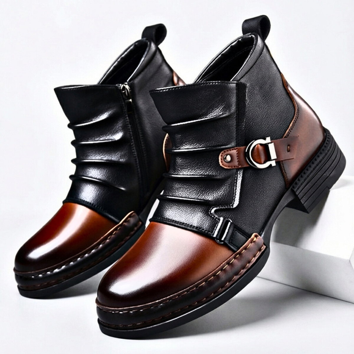 Men's Ring Buckle Boots Raised Front Ridges Side Zip 1