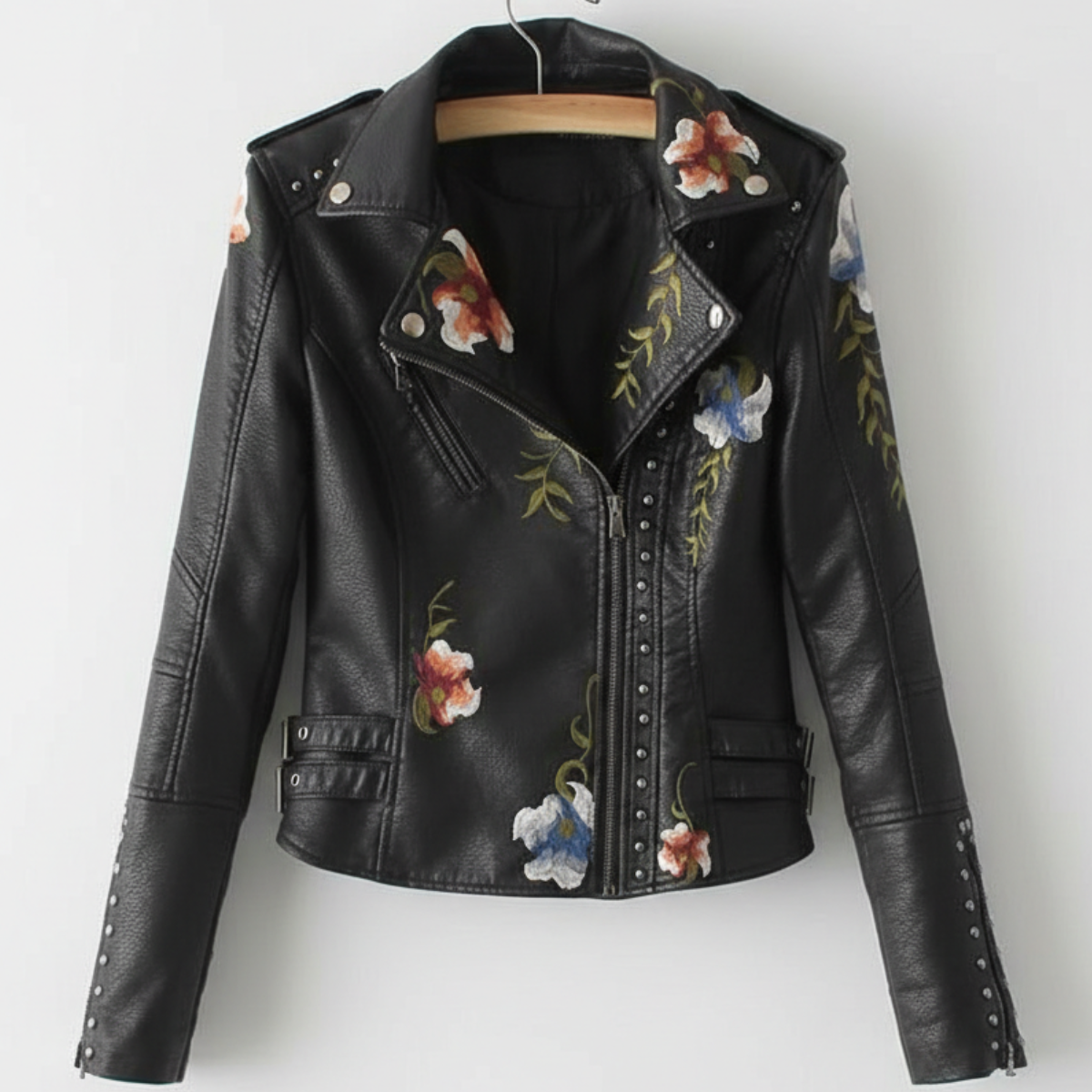 Women's Moto Jacket Floral Embroidery Stud Trim Zip Front 1