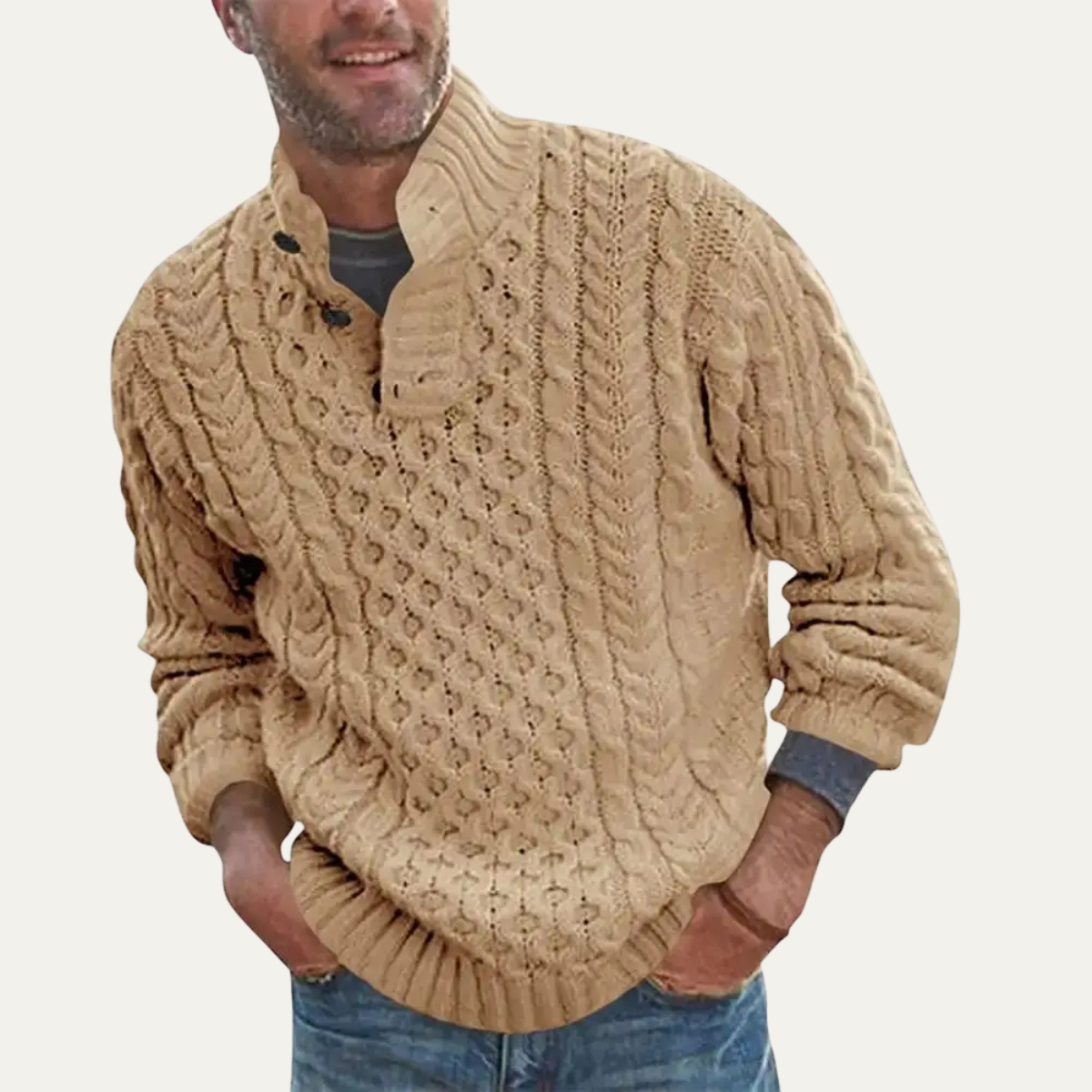Men's Chunky Cable Knit Sweater | Button Neck Collar 2
