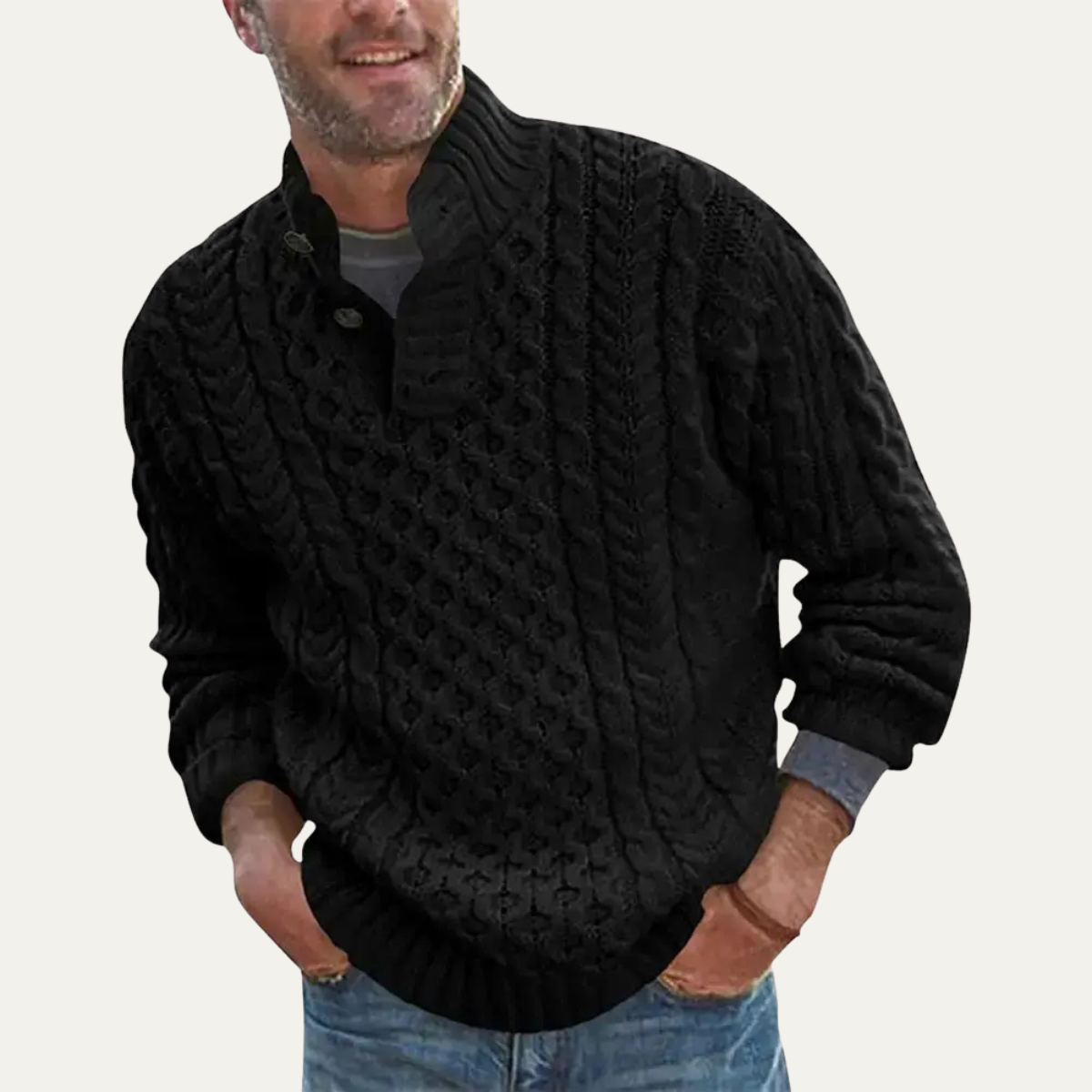 Men's Chunky Cable Knit Sweater | Button Neck Collar 3