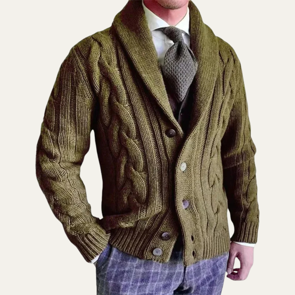 Men's Cable Knit Cardigan | Button Up Shawl Collar 3