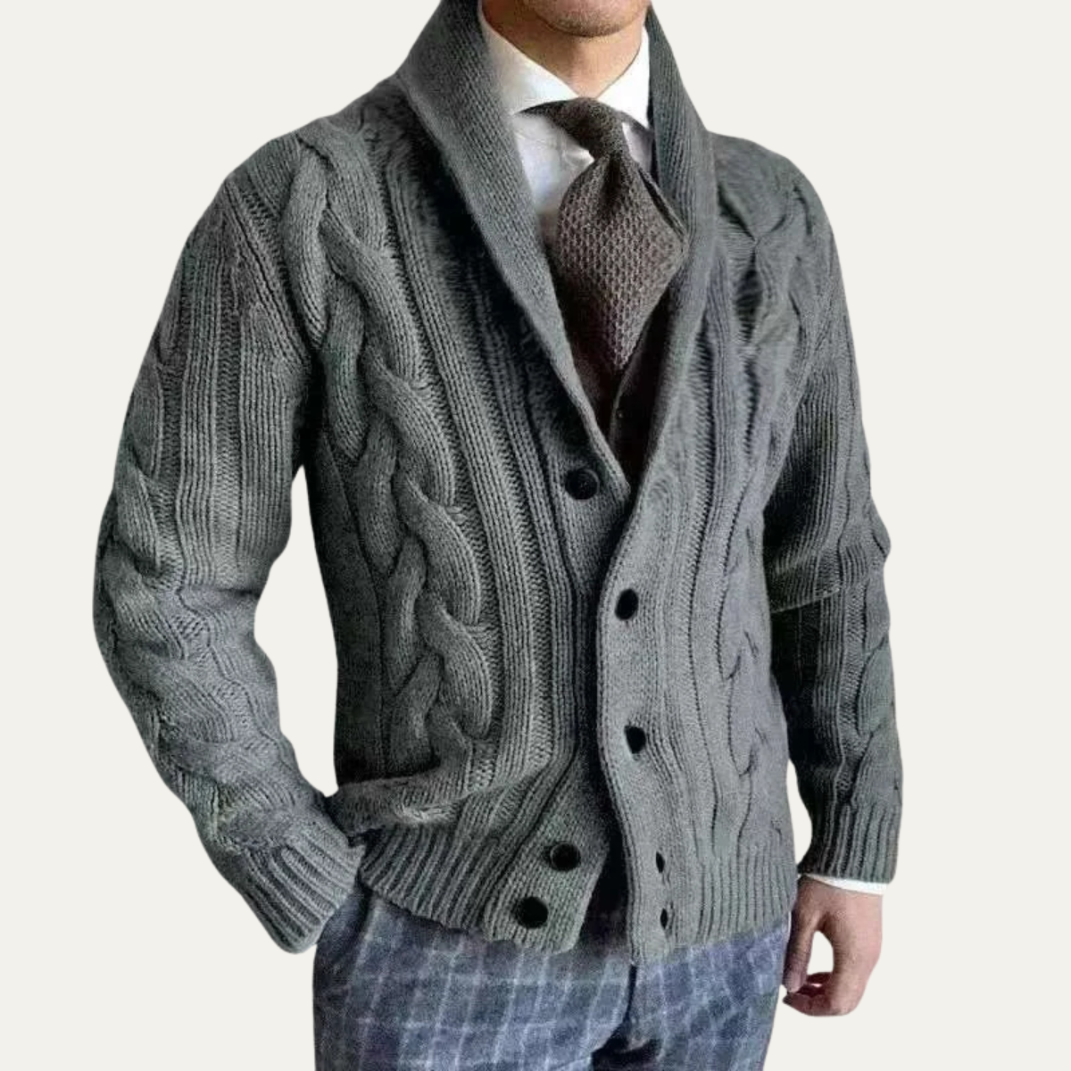 Men's Cable Knit Cardigan | Button Up Shawl Collar 2