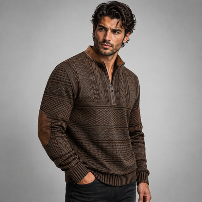 Men's Half Zip Sweater | Patterned Knit with Elbow Patches 4