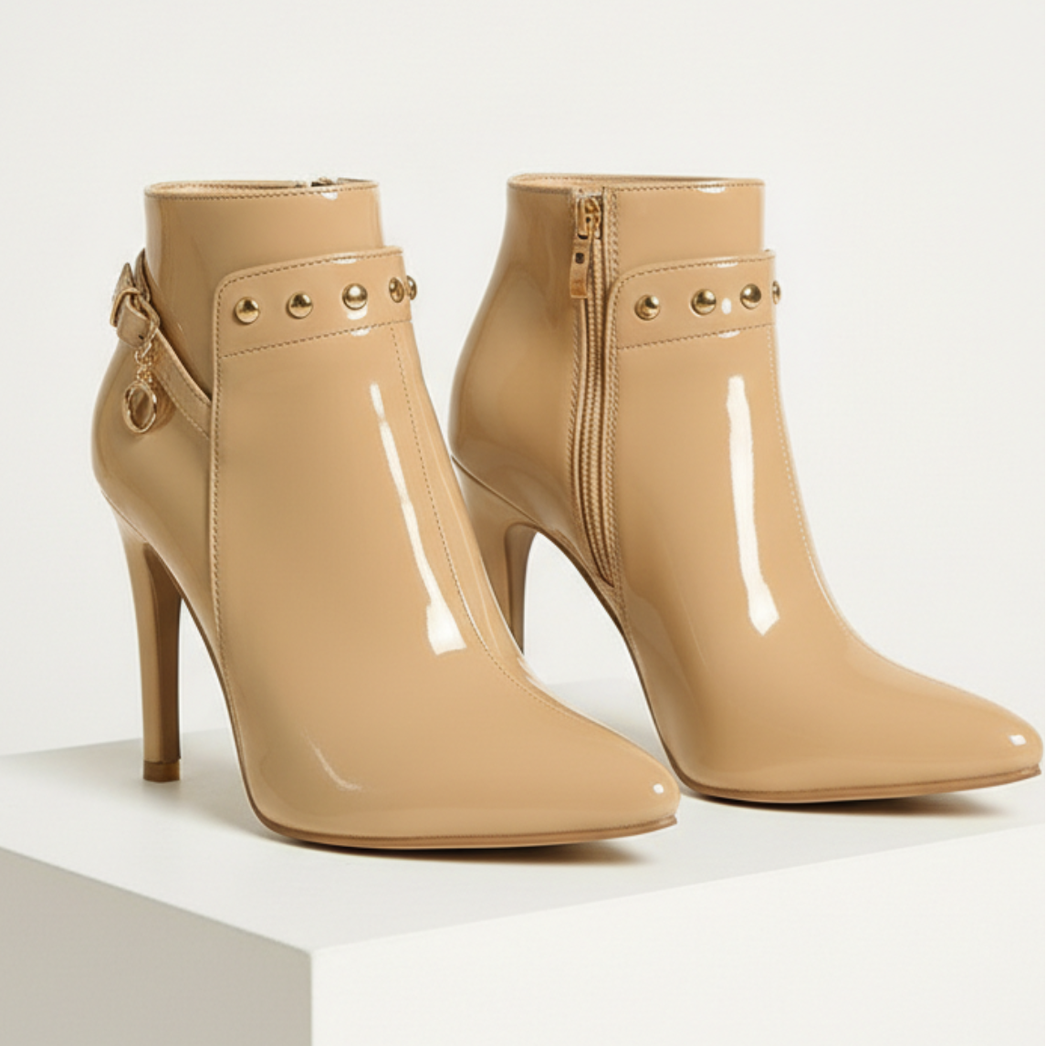 Women's Gloss Stiletto Ankle Boots Studded Side Zip Heels 8