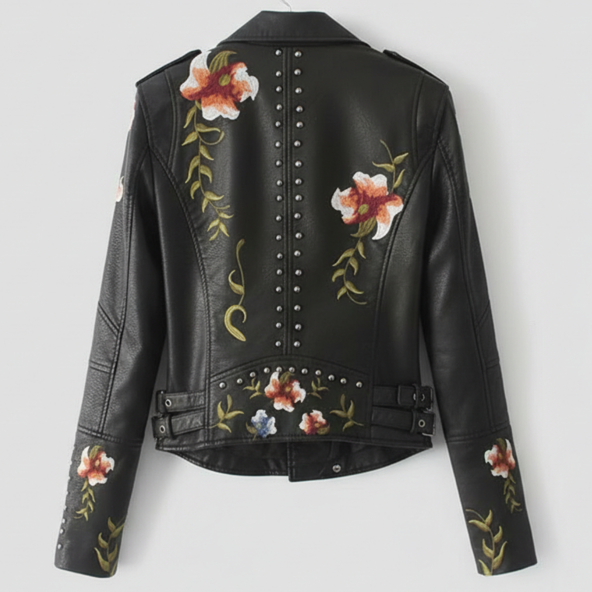 Women's Moto Jacket Floral Embroidery Stud Trim Zip Front 4