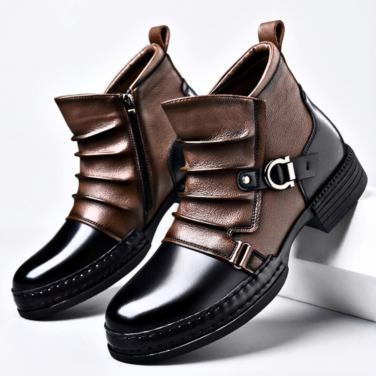 Men's Ring Buckle Boots Raised Front Ridges Side Zip 4