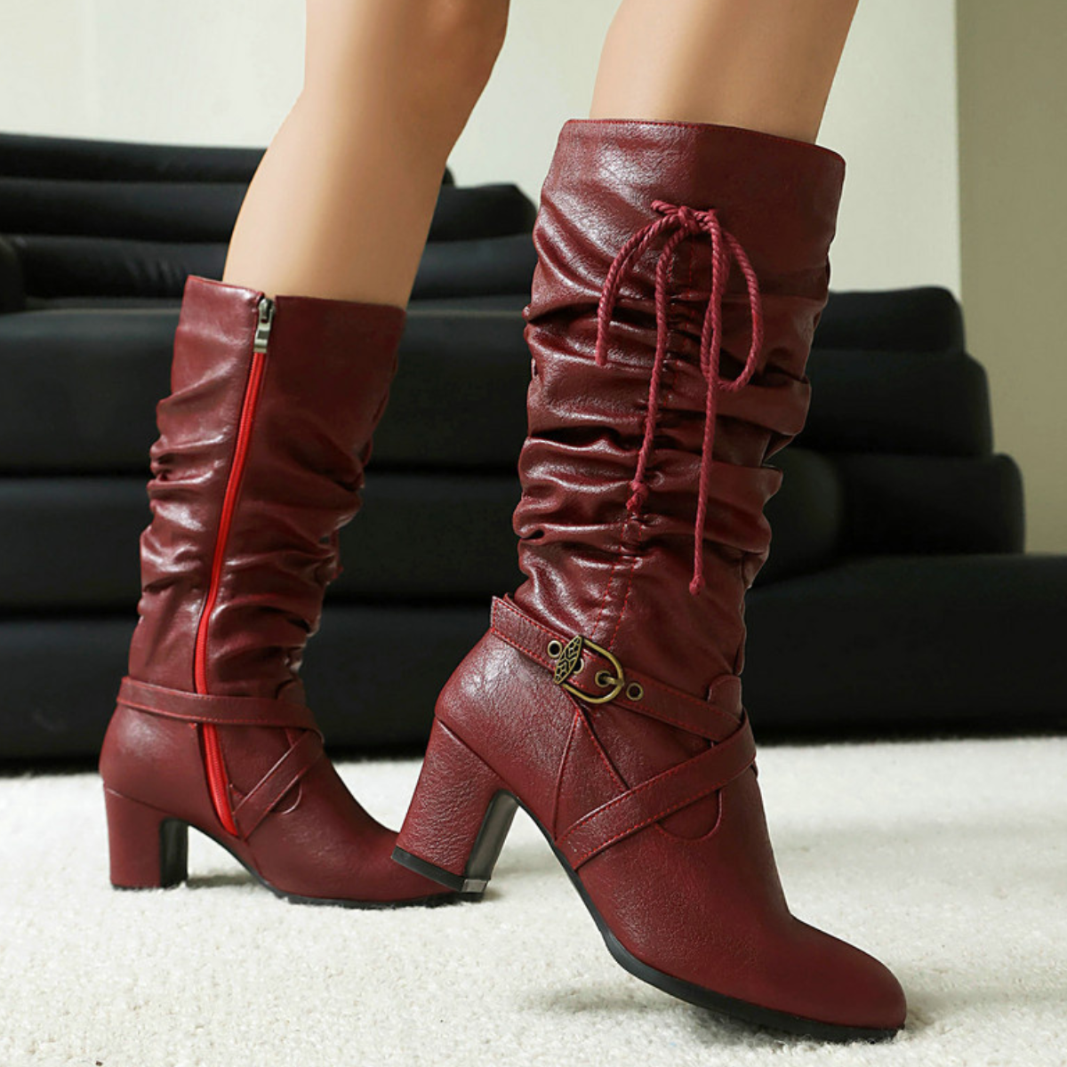 Women's Slouched Shaft Buckle Boots Ankle Rope Tie Booties 11