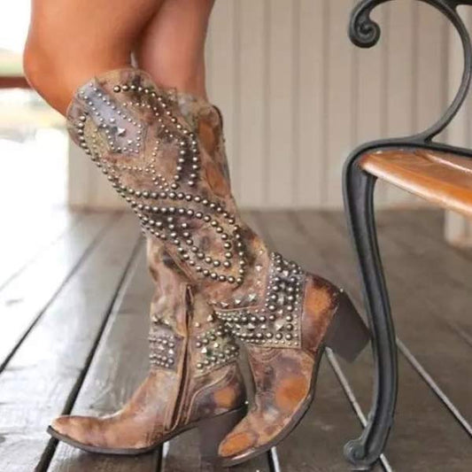 Stylish Women's Studded Cowboy Boots with Chunky Heel