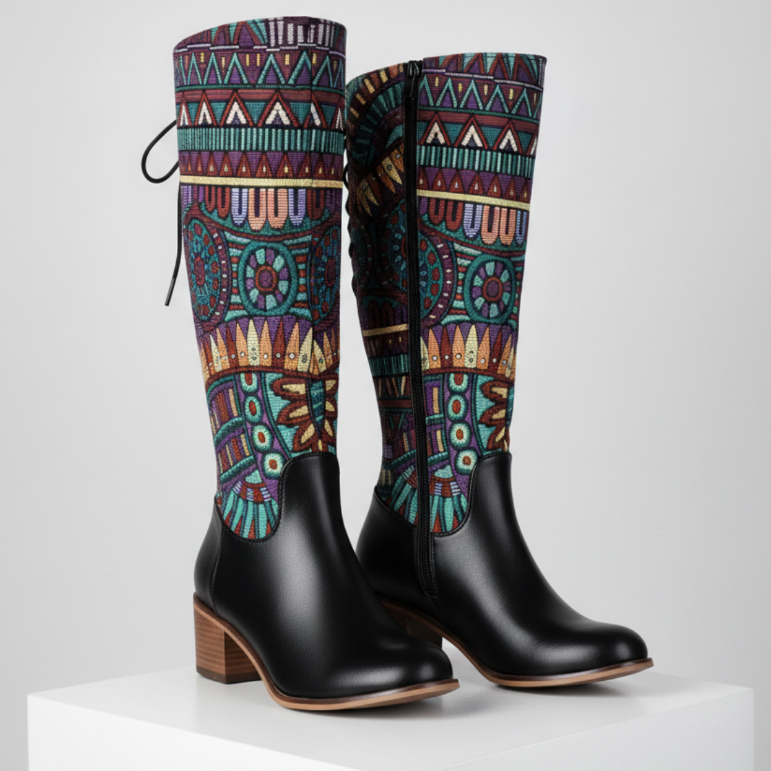 Women's Tapestry Ankle Boots Almond Toe Mid Block Heel 6