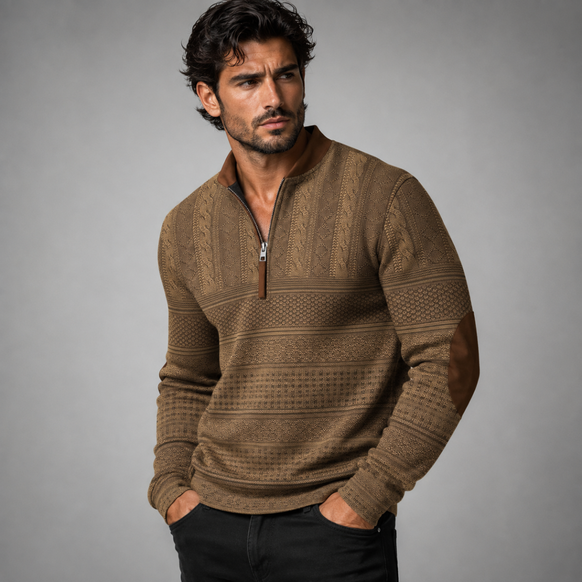 Men's Half Zip Sweater | Patterned Knit with Elbow Patches 6