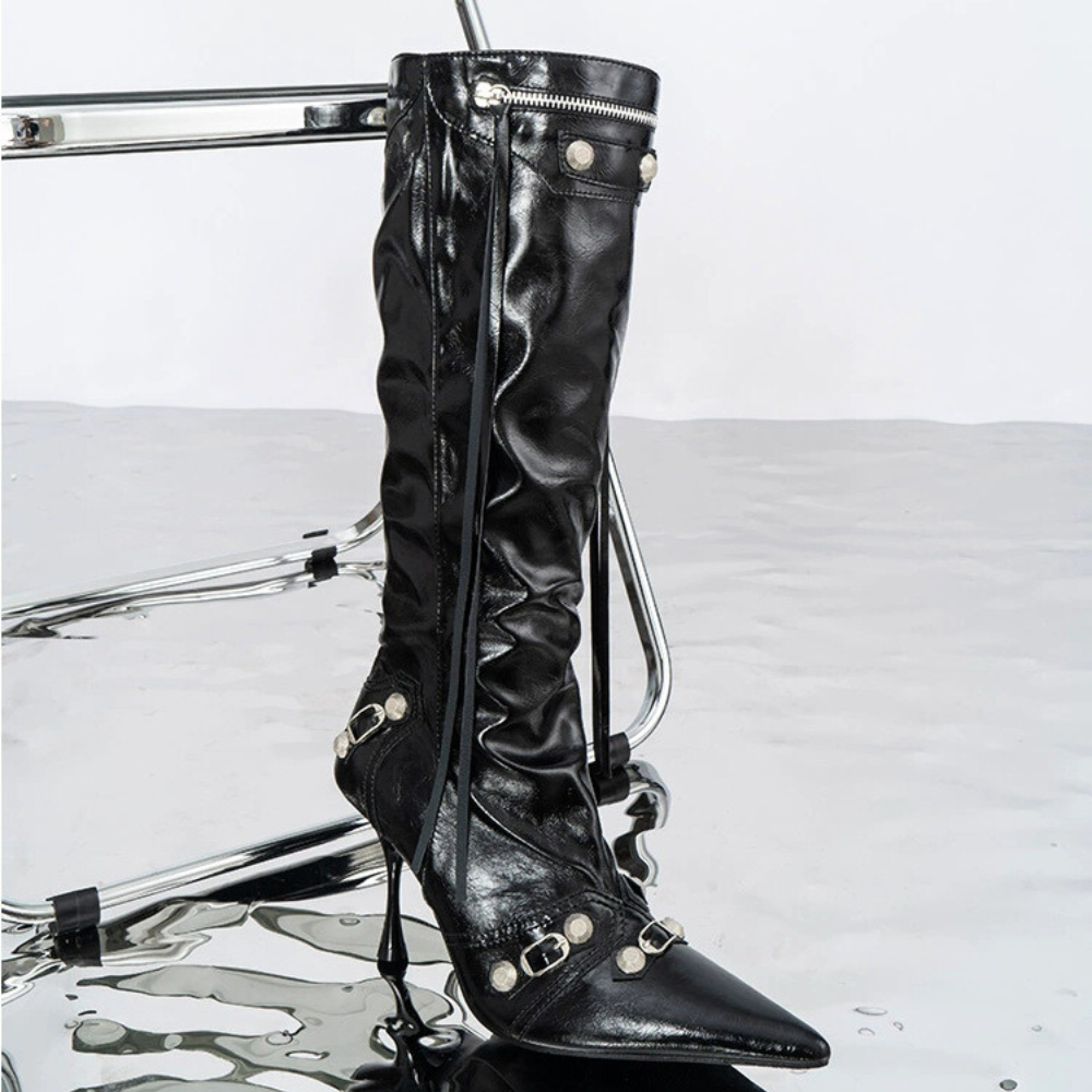 Women's Pointed Toe Stiletto Boots Tassel Stud Heeled Booties 3