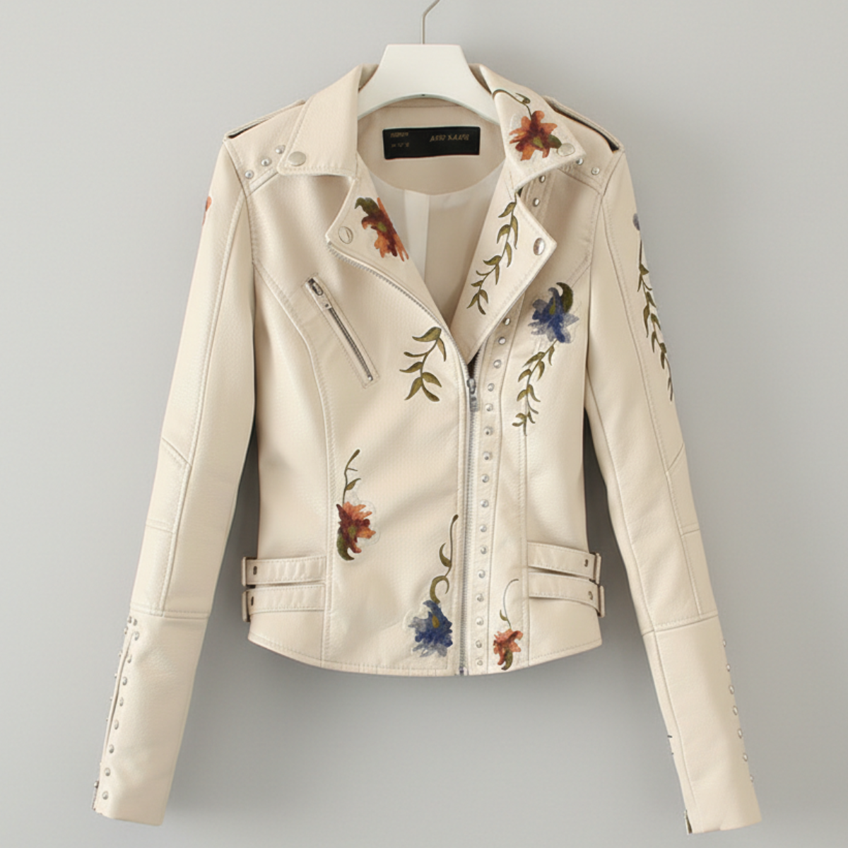 Women's Moto Jacket Floral Embroidery Stud Trim Zip Front 7