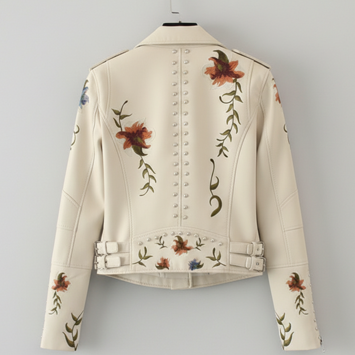 Women's Moto Jacket Floral Embroidery Stud Trim Zip Front 9