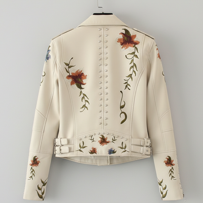 Women's Moto Jacket Floral Embroidery Stud Trim Zip Front 9