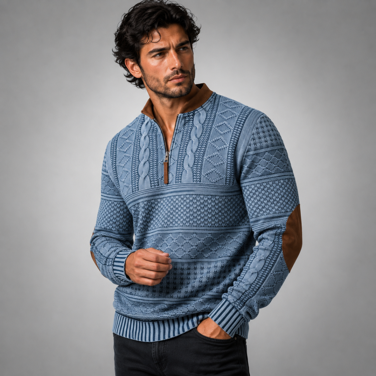 Men's Half Zip Sweater | Patterned Knit with Elbow Patches 8