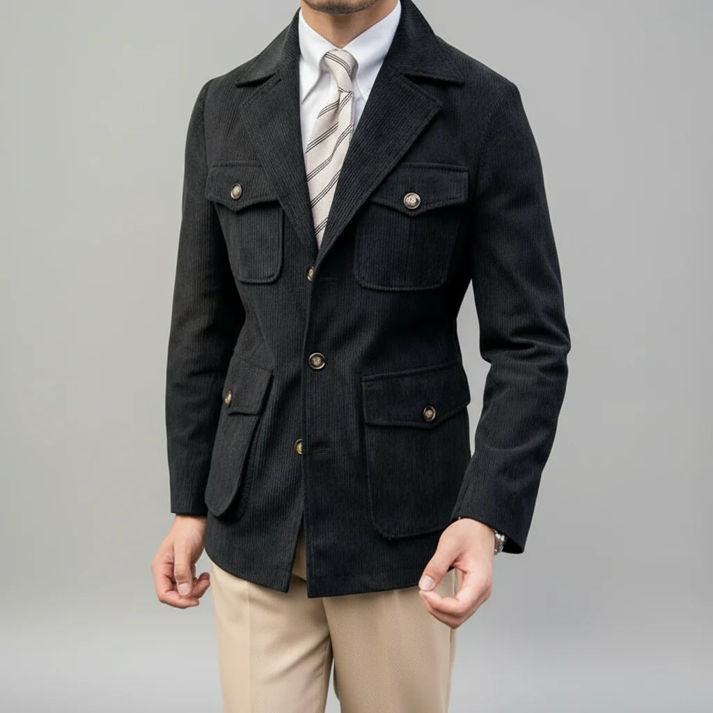 Men's Herringbone Blazer with Gold-Tone Accents