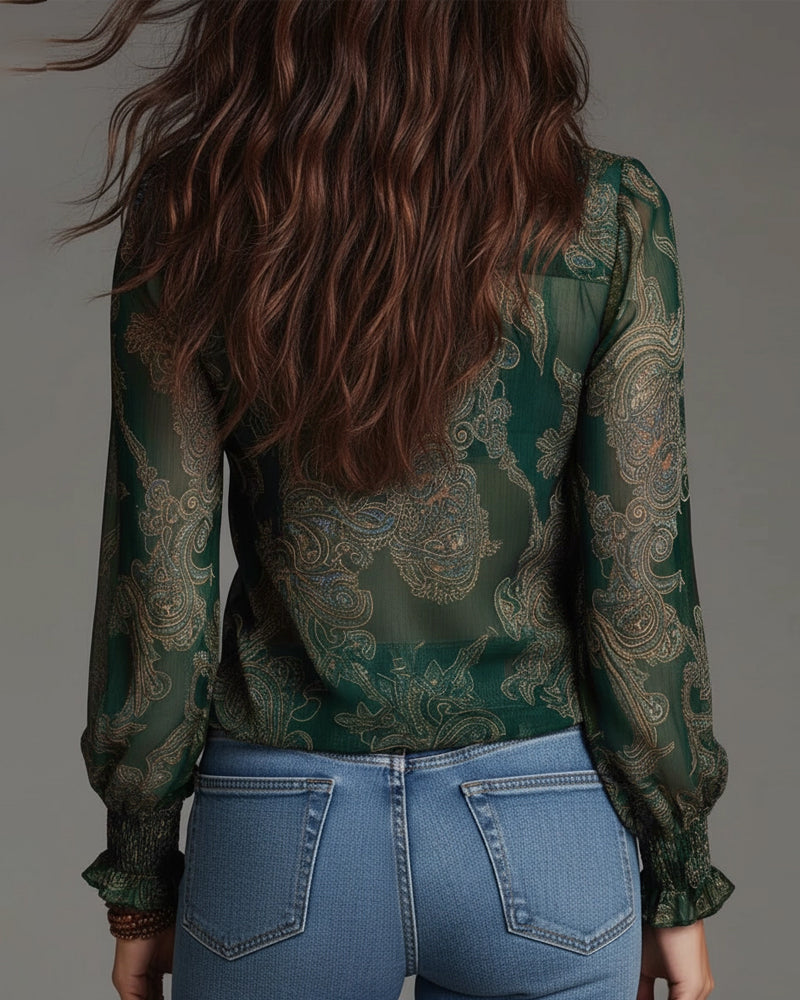 Women's Ruffle Sleeve Blouse | V-Neck & Zip Detail 11