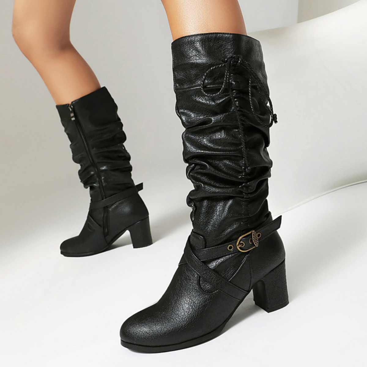 Women's Slouched Shaft Buckle Boots Ankle Rope Tie Booties 7