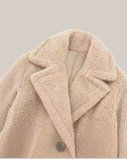 Women's Long Teddy Coat - Cozy Winter Outerwear with Chic Lapel Collar